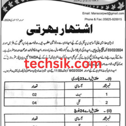 Positions vacant  At Communication & Works Department AJK 2024