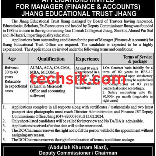 Job  in Accounts & Finance Manager  of  Jhang Educational Trust 2024